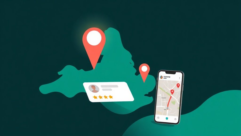 Illustration of a city-region map with a location pin, a local business profile card with star ratings and a phone map, representing local SEO