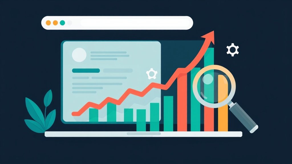Illustration of a browser and analytics dashboard with rising ranking bars and a magnifying glass, representing SEO services