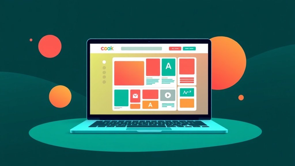 Illustration of a laptop showing a colourful website build